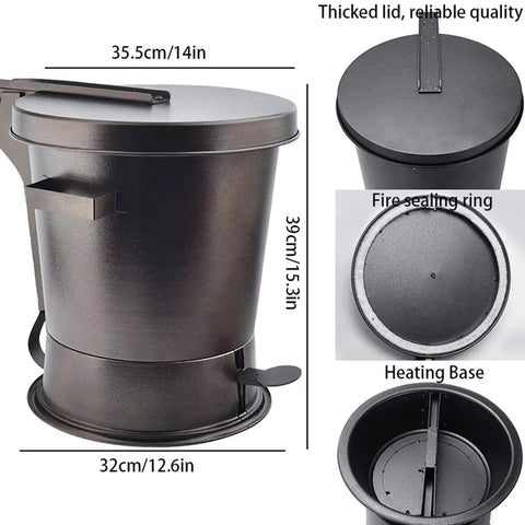 Heavy Gauge Charcoal Extinguishing Canister with thick lid and fire-sealing ring for smothering grill flames.