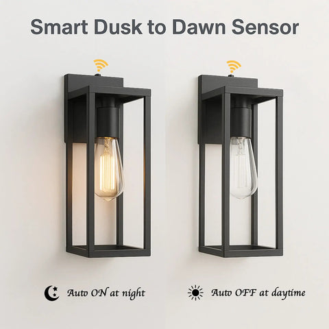 Dusk To Dawn Sensor Outdoor Wall Lantern With Black Finish Modern Wall Sconce showing auto on at night and auto off at daylight.