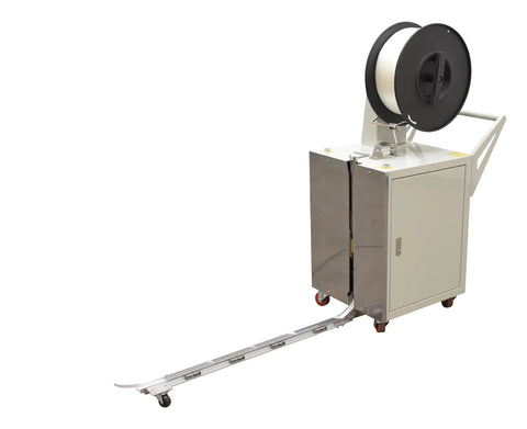 Heavy Duty Semi Automatic Pallet Strapping Machine Steel Probe Frame 23 X 31.5 X 55 Inches with roller for efficient strapping.