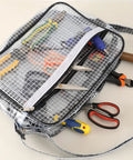 Rugged Anti Static Pvc Engineer Bag Waterproof Crossbody Shoulder Satchel transparent view with assorted tools organized inside.