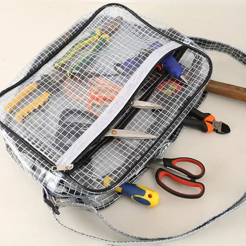 Rugged Anti Static Pvc Engineer Bag Waterproof Crossbody Shoulder Satchel transparent view with assorted tools organized inside.