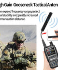 Long Range Dual Band Ham Radio Antenna SMA-Female 144 430 MHz Foldable Gooseneck Whip attached to a radio in tactical use