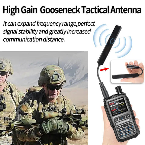 Long Range Dual Band Ham Radio Antenna SMA-Female 144 430 MHz Foldable Gooseneck Whip attached to a radio in tactical use