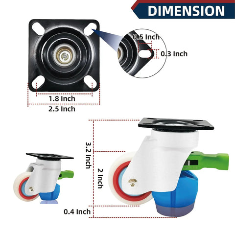 Heavy Duty Leveling Casters With Quick Turn Ratchet Handles, Set Of Four Ball Bearing Rolling Wheels dimensions, showing size variations.