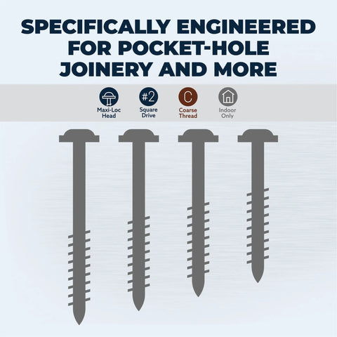 Zinc Pocket Hole Screws 2 Inch Coarse Thread Maxi Loc Head For Indoor Woodworking And Cabinetry 250 Count Pack