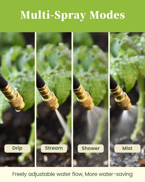 50Ft Drip Irrigation System Garden Watering Kit with 15 360 Degree Adjustable Copper Nozzles showing multi-spray modes