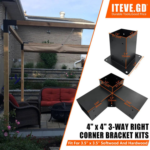 3 Way Pergola Corner Bracket Kit With Post Anchor Base For 4 By 4 Posts To Beam Built Tough 13 Gauge Steel Heavy Duty Outdoor Brackets For Porches Gazebos And Cabins DIY 8 Pack Rust Resistant Powder Coated