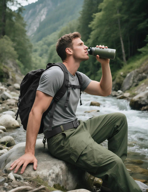 Man sitting by a river wearing Quick Release Tactical Belt for Work and Outdoors, 1.5 Inch Nylon Web With Heavy Duty Seatbelt Buckle, Grey.