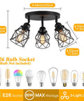 Adjustable Multi Directional Ceiling Light Fixture With E26 Base, 3-Light Black Iron Cage, Semi Flush Mount for Modern Rustic Vibe
