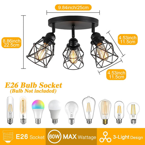 Adjustable Multi Directional Ceiling Light Fixture With E26 Base, 3-Light Black Iron Cage, Semi Flush Mount for Modern Rustic Vibe