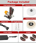 Rock Solid 7 Speed Mini Belt Sander Featuring Ultra Quiet Performance And 20 Tough Sanding Belts For Precision Woodworking Glass Etching And Detailed Jewelry Grinding On Any Weekend Warrior Build Back At The Local Shop package includes sanding machine, wheels, belts, and manual.