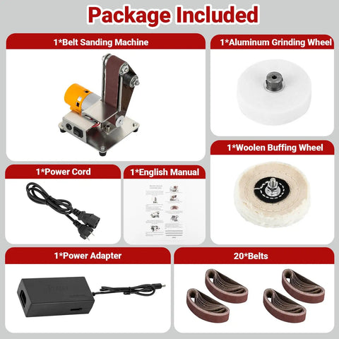 Rock Solid 7 Speed Mini Belt Sander Featuring Ultra Quiet Performance And 20 Tough Sanding Belts For Precision Woodworking Glass Etching And Detailed Jewelry Grinding On Any Weekend Warrior Build Back At The Local Shop package includes sanding machine, wheels, belts, and manual.