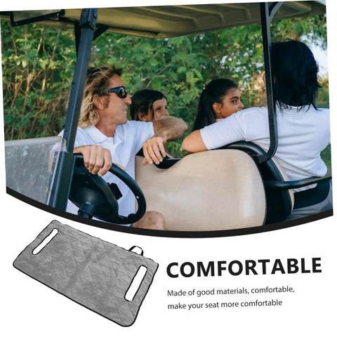 Golf Cart Seat Cover Protector Easy Install Durable Outdoor Seat Cover for Golf and Sightseeing Carts displayed below people seated in cart.