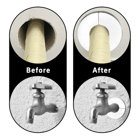 Top Shelf 304 Stainless Steel Pipe Trim Ring Self Adhesive Escutcheon Plate before and after installation of wall flange.