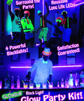 Four UV Black Light Strips For Neon Party Setup 115W LED Kit illuminating party with glowing attire and drinks, vibrant colors.