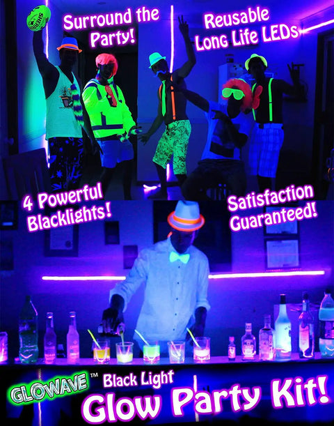 Four UV Black Light Strips For Neon Party Setup 115W LED Kit illuminating party with glowing attire and drinks, vibrant colors.