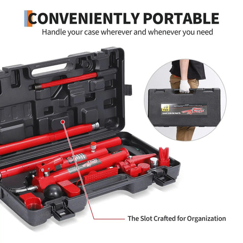 10 Ton Hydraulic Porta Power Kit With Hand Pump And Flexible Oil Hose Complete Spreader Tool Set For Auto Body Repair Engine Cradles Includes Rugged Rollable Storage Barrel For Professional Shop Jobs And Ride Restoration