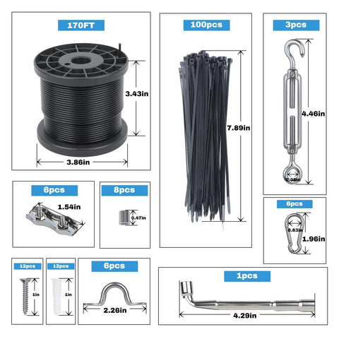 Components of 170Ft String Light Hanging Kit with Heavy Duty 304 Stainless Steel Cable and accessories for outdoor setup