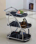 Rustic Industrial Kitchen Wine Storage Cart With Heavy Duty Steel Frame Super Smooth Swivel Casters And Wide Glass Shelves displaying wine and fruits.