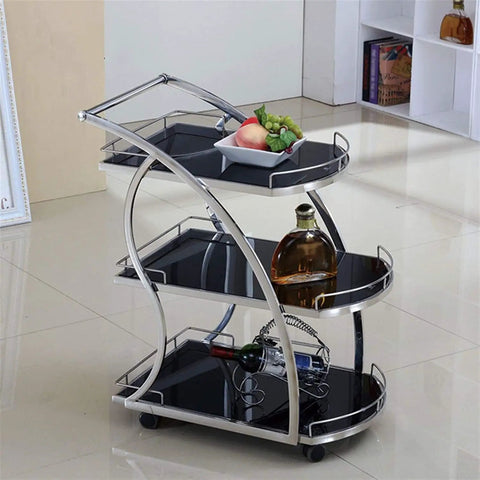 Rustic Industrial Kitchen Wine Storage Cart With Heavy Duty Steel Frame Super Smooth Swivel Casters And Wide Glass Shelves displaying wine and fruits.