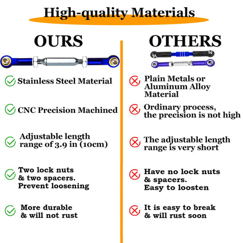 Comparison of stainless steel adjustable turnbuckles and camber link set with rod ends for durability and precision.