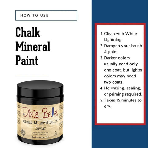 Chalk Finish Dope Caviar Matte Black 8 Oz Chalk Mineral DIY paint jar with application instructions on blue and white background.