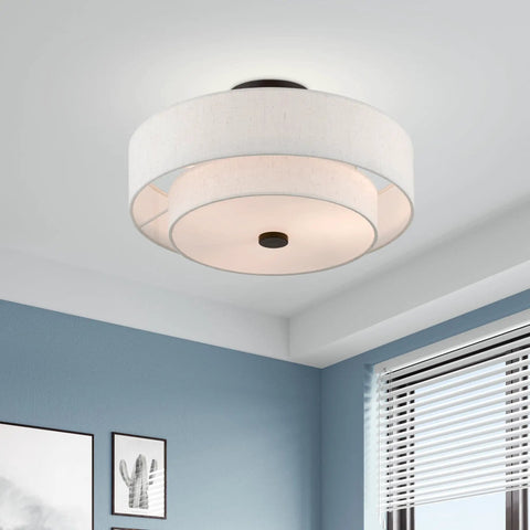 Ceiling Mount Light In English Bronze With Classic Transitional Style Durable Steel Construction Handcrafted Oatmeal Fabric Shade