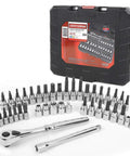42 Piece Hex And Torx Bit Socket Set With One Quarter And Three Eighths Drives Push Button Ratchet in black case on display