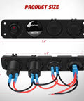 Slick 4 Inch Toggle Switch Panel With Dual USB Power Outlet And LED Voltmeter For Your Rig, showing top and bottom perspectives and dimensions.