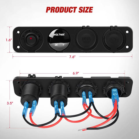 Slick 4 Inch Toggle Switch Panel With Dual USB Power Outlet And LED Voltmeter For Your Rig, showing top and bottom perspectives and dimensions.