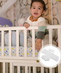 Child in crib with Heavy Duty Adjustable Bed Rail Guard Hardware With Smooth Lifting Tracks And Heavy Duty Fastener shown