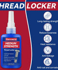 Hannaera medium-strength thread locker bottle, blue plastic container with white nozzle, 50 ml.