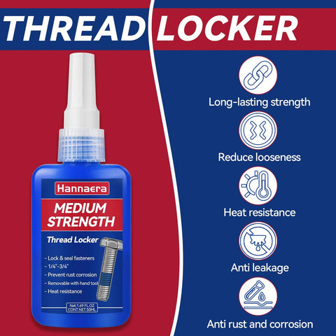 Hannaera medium-strength thread locker bottle, blue plastic container with white nozzle, 50 ml.