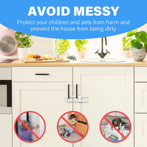 Close-up of kid proof cabinet locks for babies u shaped child safety latches on a white kitchen cabinet.