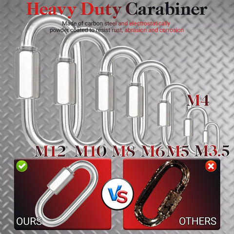 Heavy Duty Chain Quick Links And Carabiner Set For Hammock Hanging Camping And Hiking, showcasing durability and rust resistance.