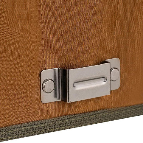 FlapFit Tool Pouch With Flap Nine Pocket Belt Pouch With Eight Tool Loops And Metal Tape Clip Rugged 600D Ripstop Nylon Construction For Pros On The Job Original Series Brown close-up metal tape clip