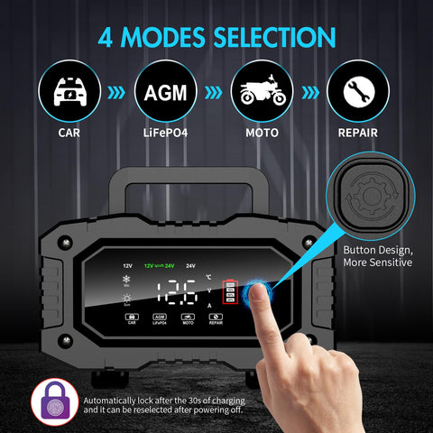 Display of Beefy All In One 7 Stage Car Battery Maintainer And Trickle Charger For 12V And 24V with finger on mode button