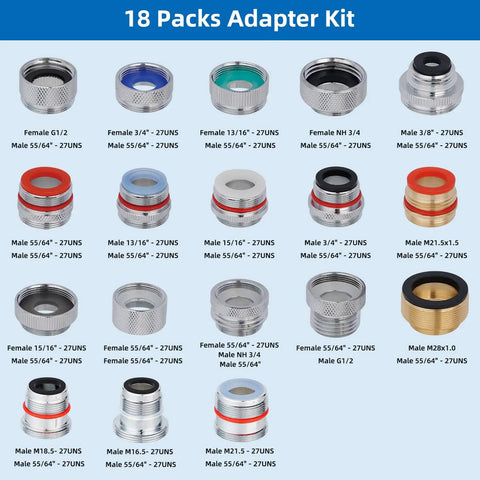 18 Piece Faucet Adapter Kit Brass Aerator Set With Male And Female Connectors for Sink, Garden Hose, RV and Standard Hose