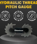Hydraulic thread pitch gauge with anti-rust, easy to read, and accurate features displayed.