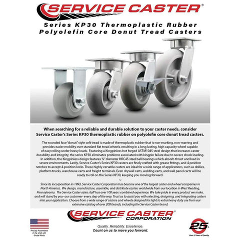Kingpinless Swivel Caster With Thermoplastic Rubber Donut Tread And 8 Inch Gray Wheel Featuring Side Lock Brake For Heavy Duty Gear 600 Pound Capacity Built Solid To Handle Rough Jobs Daily displayed on a product brochure.
