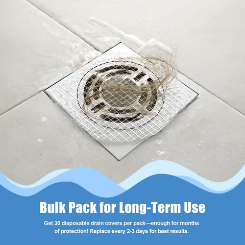 30 Pack Premium Self Adhesive 4.3 Inch Shower Drain Hair Catcher Mesh Strainer Adhesive Pad Clog Blocker Drain Cover For Bathroom Sink Bathtub Laundry Room No Sweat Swap with trapped hair in drain.