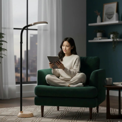 Adjustable Floor Lamp With Bendable Neck For Bedroom And Living Room, Full Spectrum Natural Sunlight LED Light beside a person reading in a chair