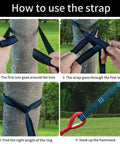 Steps for using the strap with Beefy Heavy Duty Two Person Camping Hammock With 660 Lb Capacity, tree setup process shown.