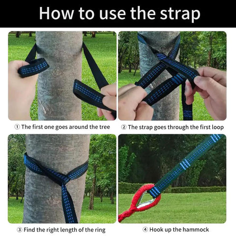 Steps for using the strap with Beefy Heavy Duty Two Person Camping Hammock With 660 Lb Capacity, tree setup process shown.