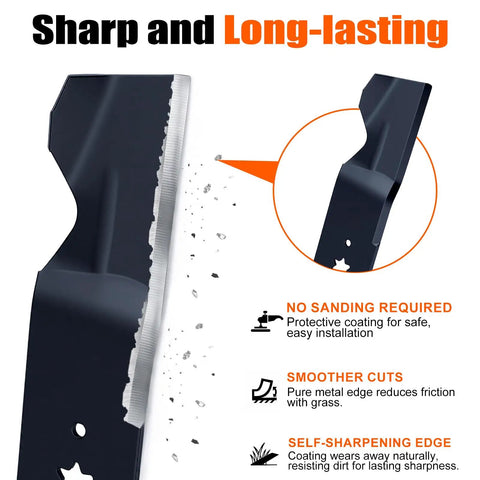 2 Pack High Lift Mower Blades For 46 Inch Decks, 6 Point Star Design, showing sharp edge and features like self-sharpening.