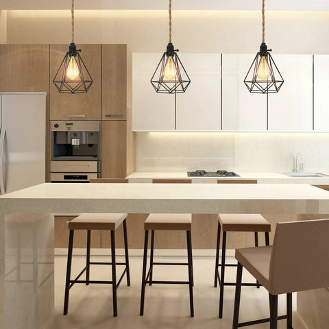 Modern kitchen with pendant lights using UL Listed E26 Light Socket With On Off Switch, heavy-duty design, black finish.