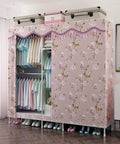 Kick-Ass Freestanding Portable Wardrobe with Zippered Doors and Heavy-Duty Frame No-Sweat Snap-Together Storage Solution for Coats Shoes Hats Roomy Bedroom Armoire Clutter Buster, decorated with pink floral design, organized clothing and shoes.