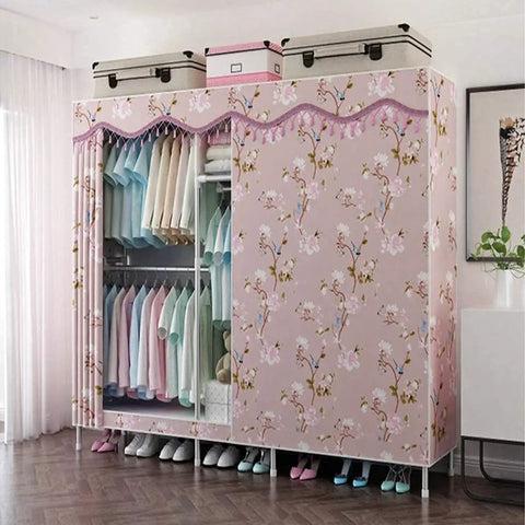 Kick-Ass Freestanding Portable Wardrobe with Zippered Doors and Heavy-Duty Frame No-Sweat Snap-Together Storage Solution for Coats Shoes Hats Roomy Bedroom Armoire Clutter Buster, decorated with pink floral design, organized clothing and shoes.