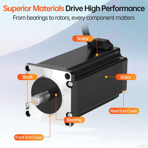 Nema 23 stepper motor, black housing with silver front plate and exposed shaft (front view)
