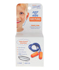 Kids Foam Ear Plugs NRR 28 Three Pack X Small Corded Hearing Protection visible in packaging with orange plugs and blue cord.